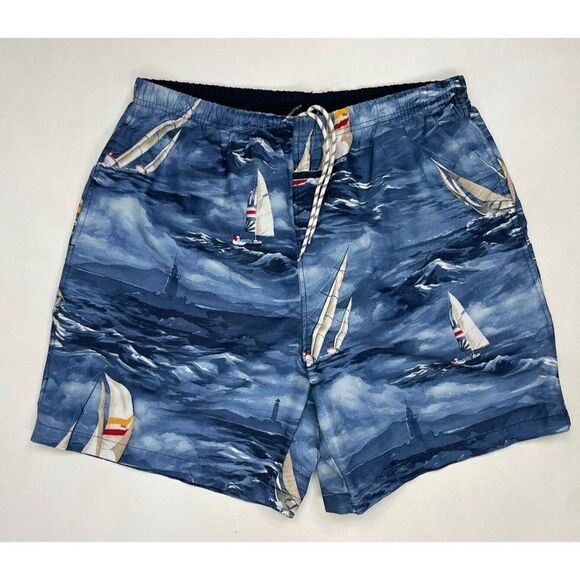 Nautica Sail Boat All Over Print Swim Board Shorts Trunks Men Large Blue - Picture 1 of 5
